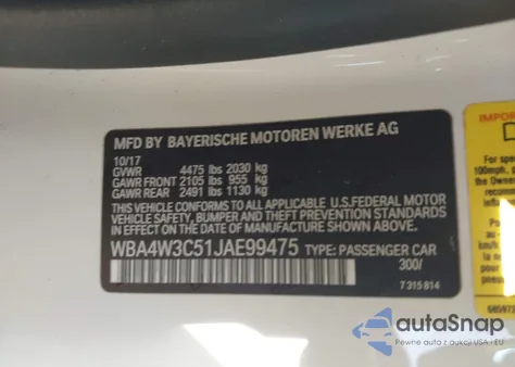 2018 BMW 430I z USA, uszkodzony, nr VIN WBA4W3C51JAE99475